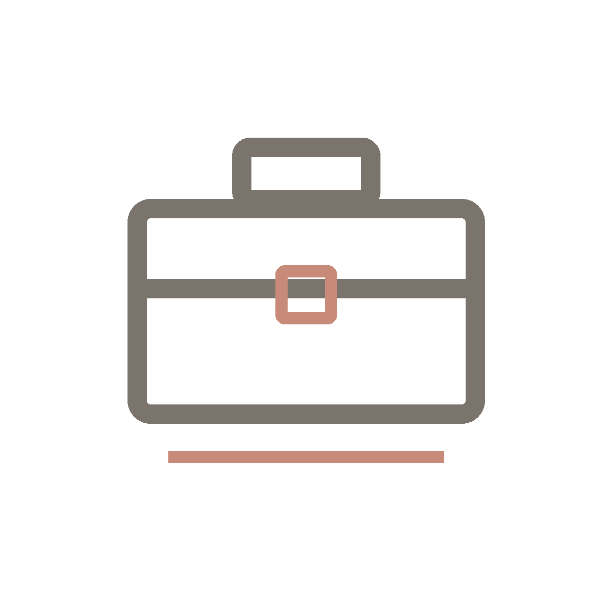 Minimalist illustration of a briefcase with a pink clasp, set against a black background.