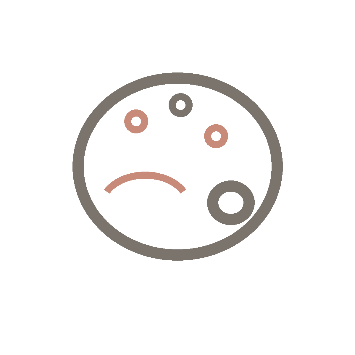 A sad face emoticon with a broken smile and variously sized pink and gray rings representing bacteria or germs.