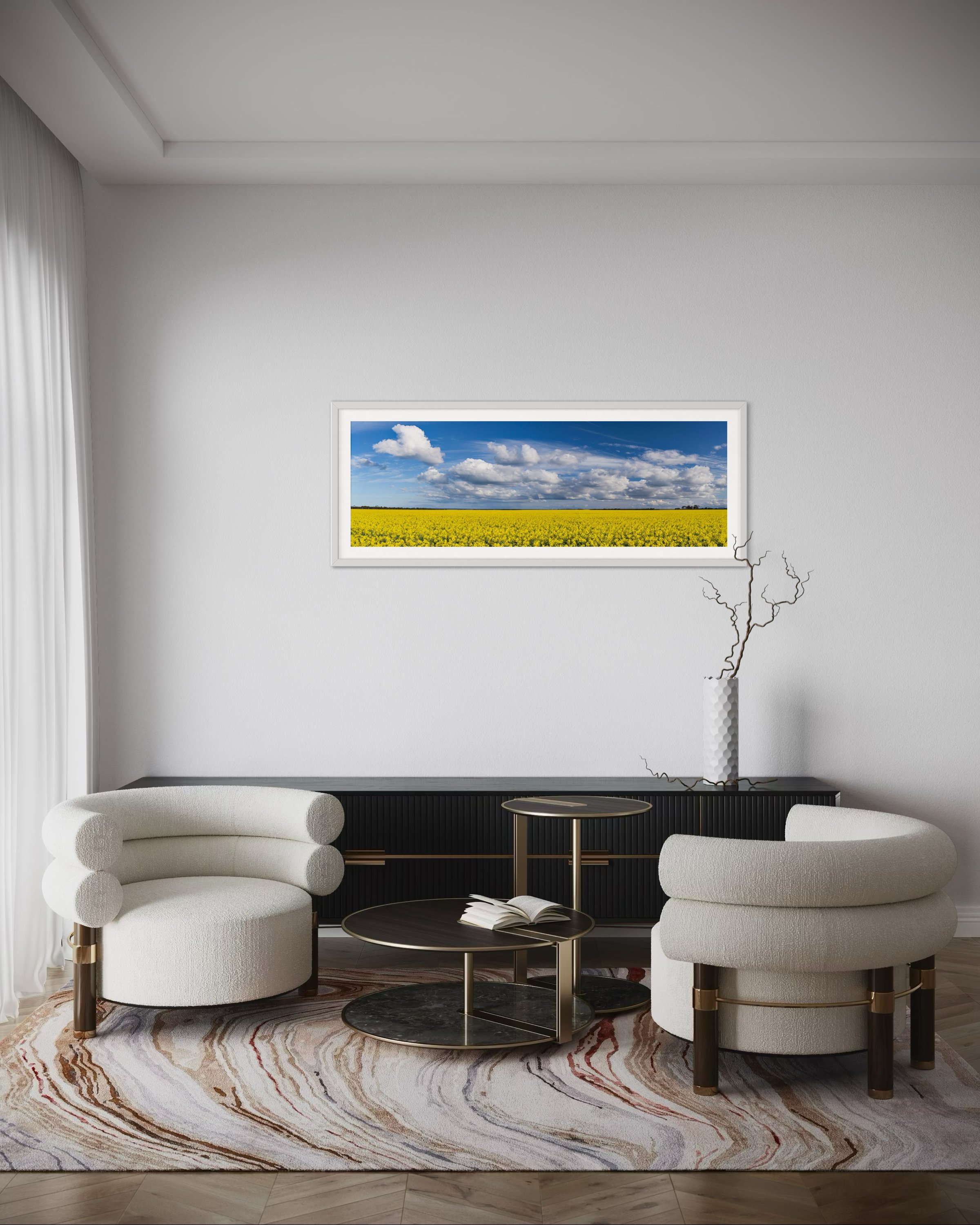 An extra large panoramic print in a frame in a lounge room for scale.