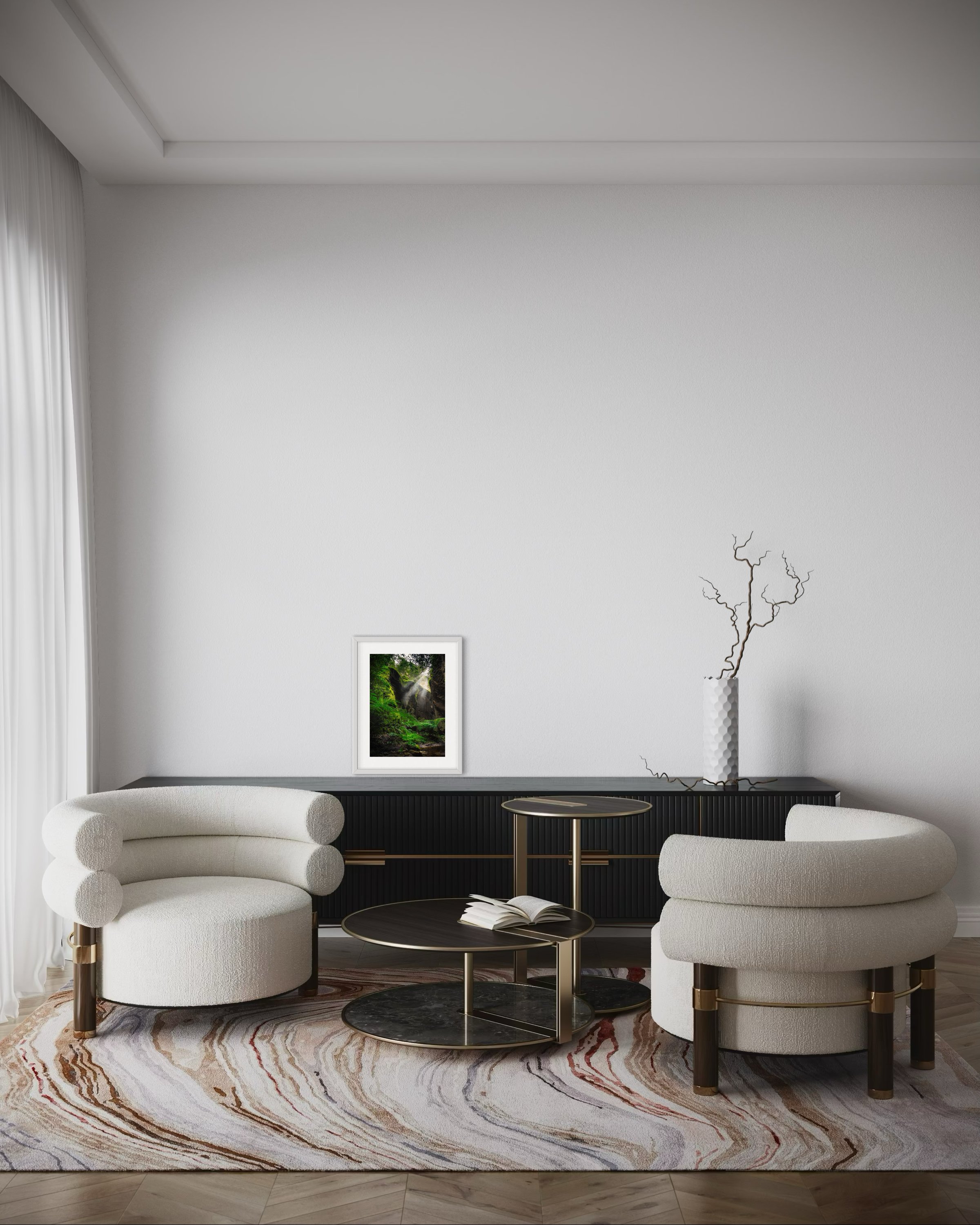 A small portrait print in a frame in a lounge room for scale.