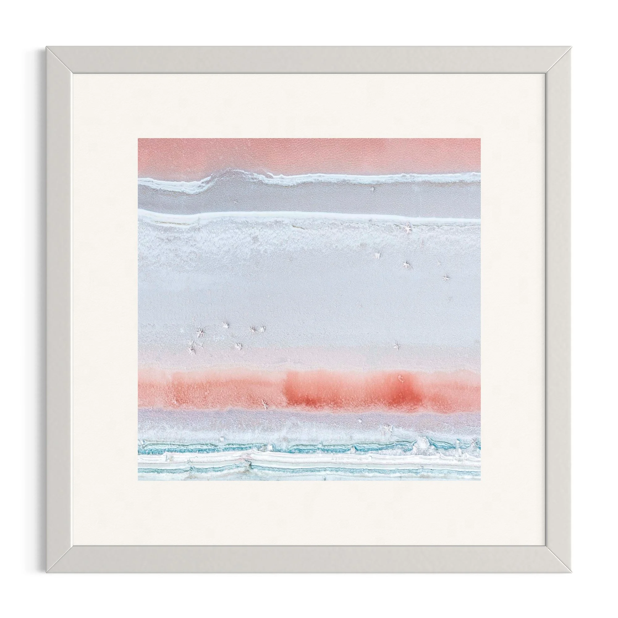 Aerial fine art photograph of the Port Alma salt ponds in Central Queensland, featuring delicate salt crystals forming abstract patterns in soft blush pink, white and turquoise mineral pools.