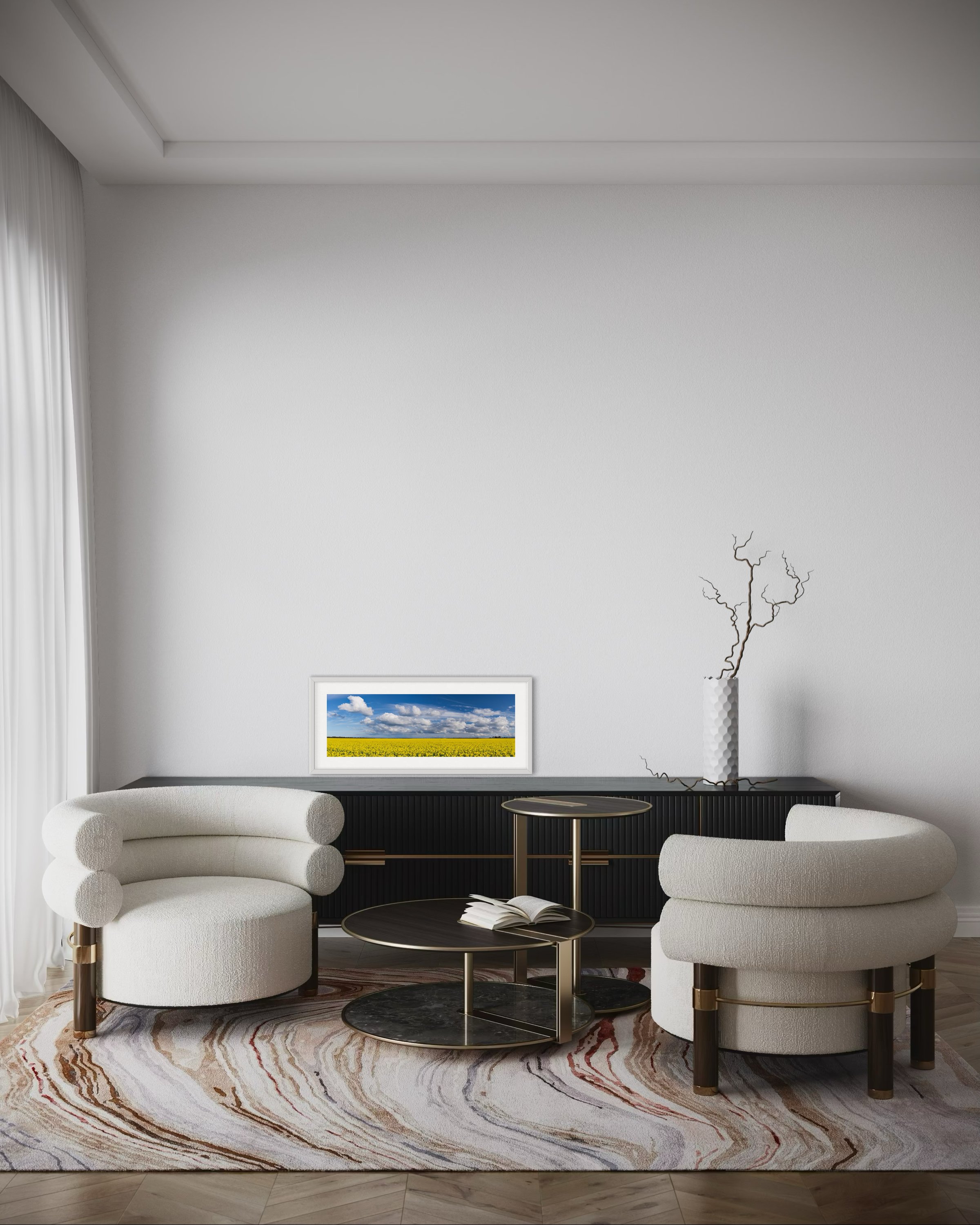 A small panoramic print in a frame in a lounge room for scale.