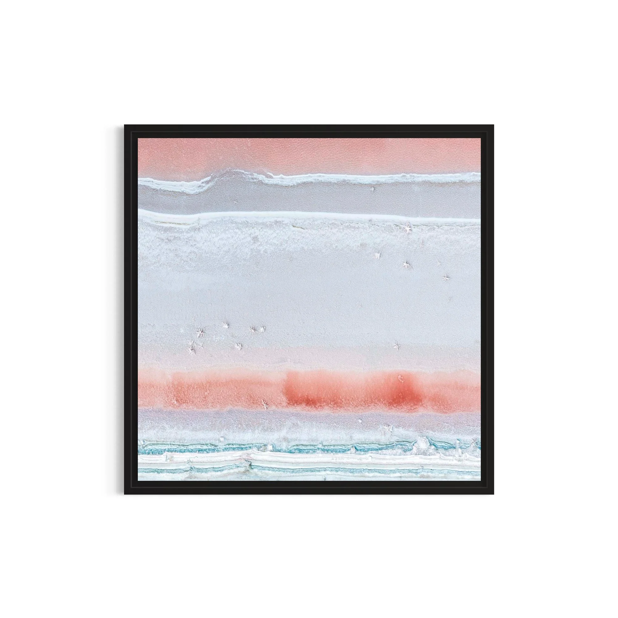 Aerial fine art photograph of the Port Alma salt ponds in Central Queensland, featuring delicate salt crystals forming abstract patterns in soft blush pink, white and turquoise mineral pools.