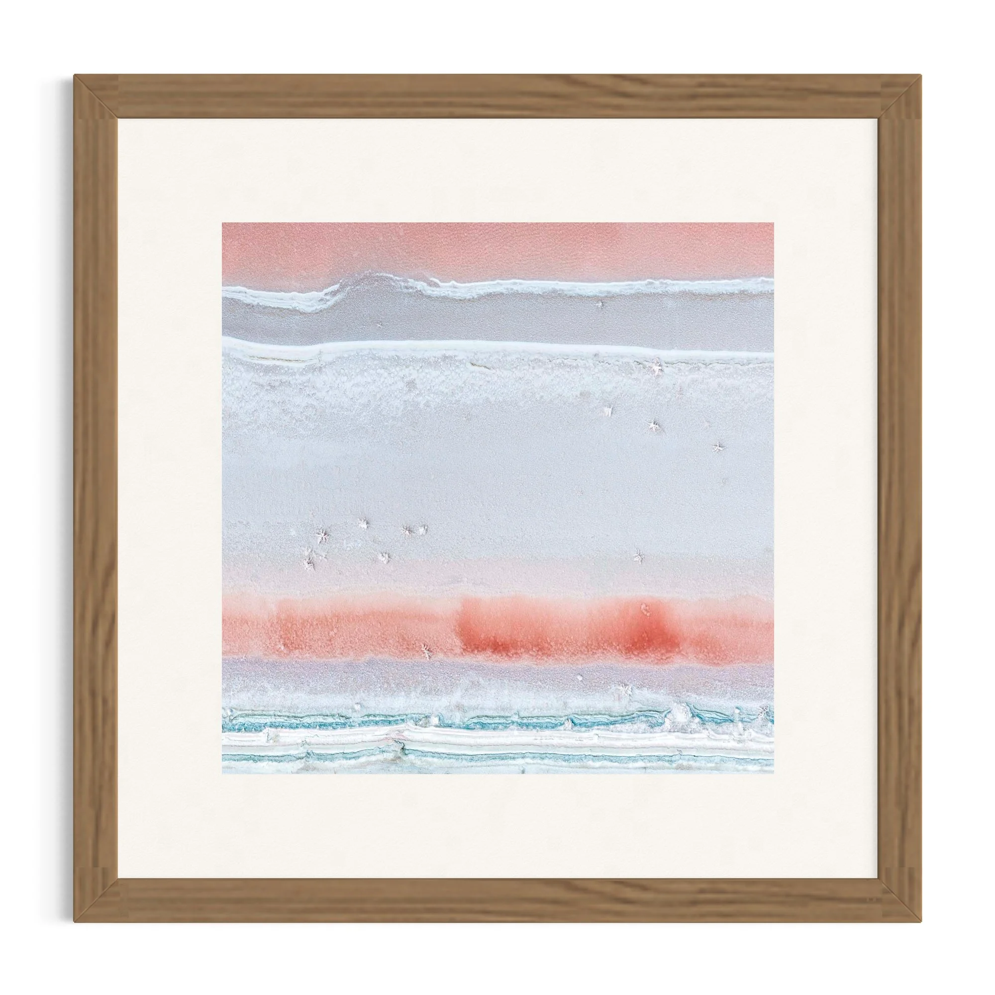 Aerial fine art photograph of the Port Alma salt ponds in Central Queensland, featuring delicate salt crystals forming abstract patterns in soft blush pink, white and turquoise mineral pools.
