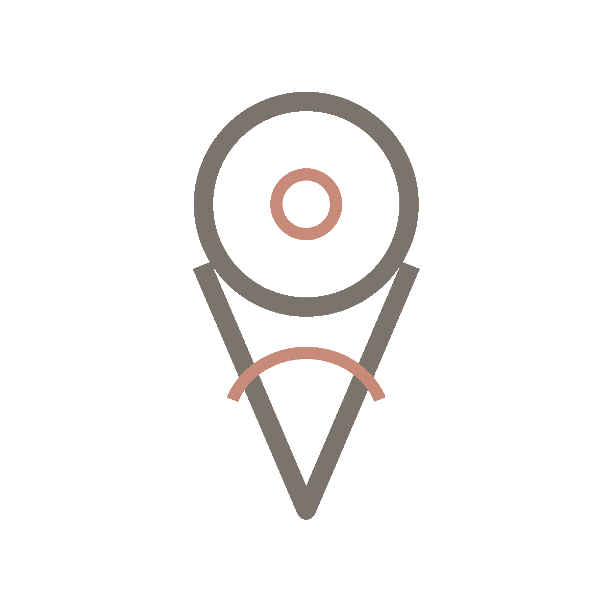 A stylized map pin icon with a circular top and a pointed bottom, featuring concentric circles in shades of pink and gray.