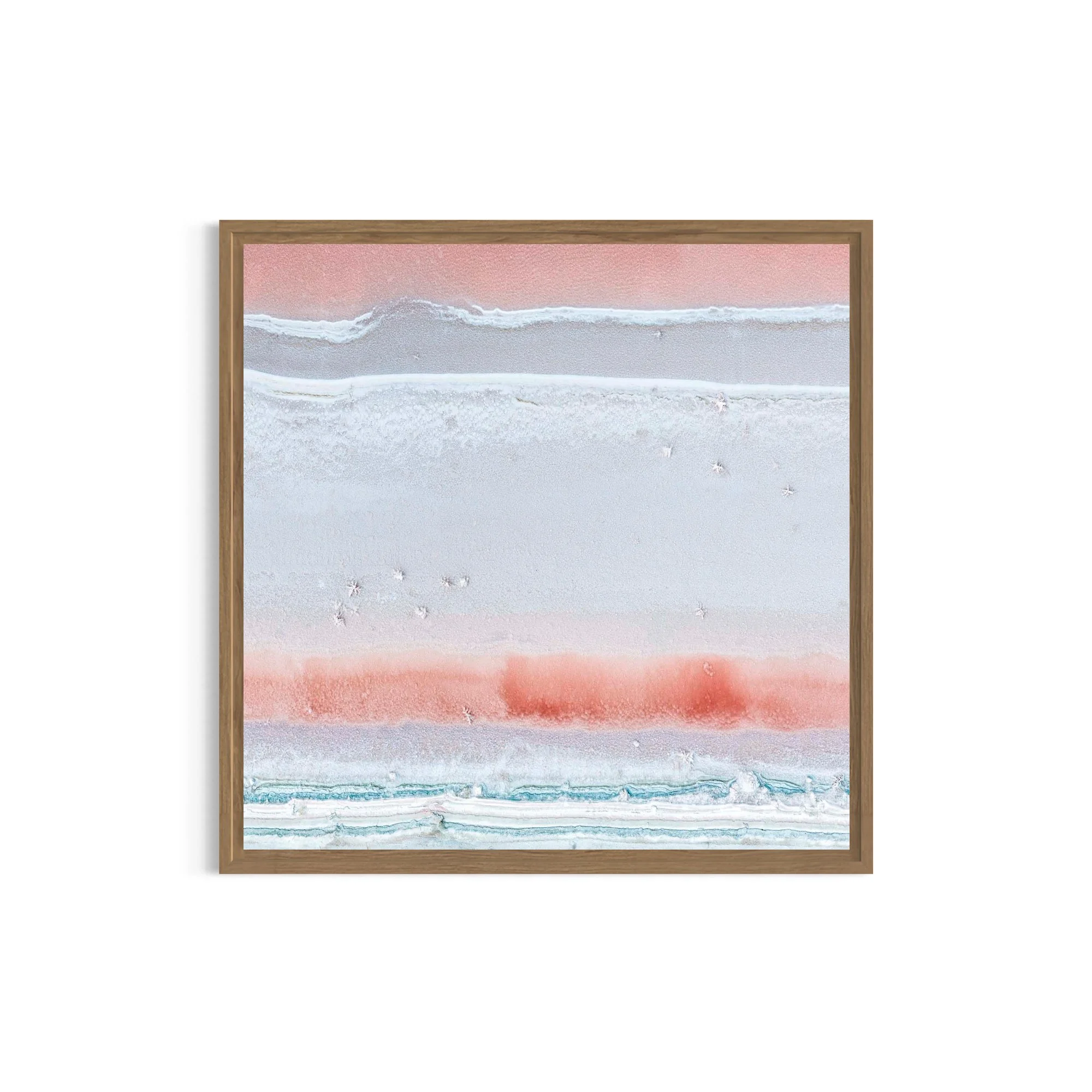 Aerial fine art photograph of the Port Alma salt ponds in Central Queensland, featuring delicate salt crystals forming abstract patterns in soft blush pink, white and turquoise mineral pools.