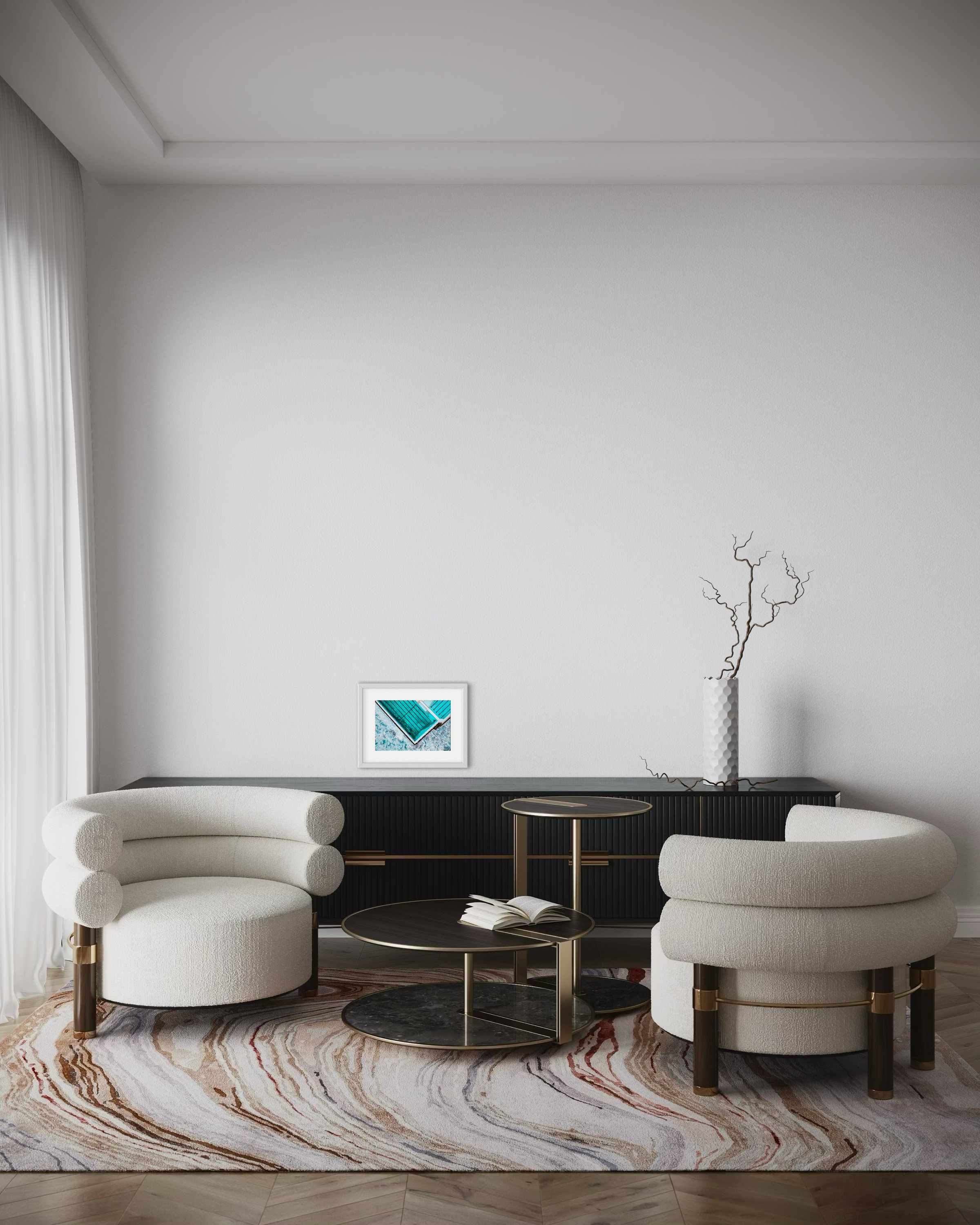 An extra small landscape print in a frame in a lounge room for scale.
