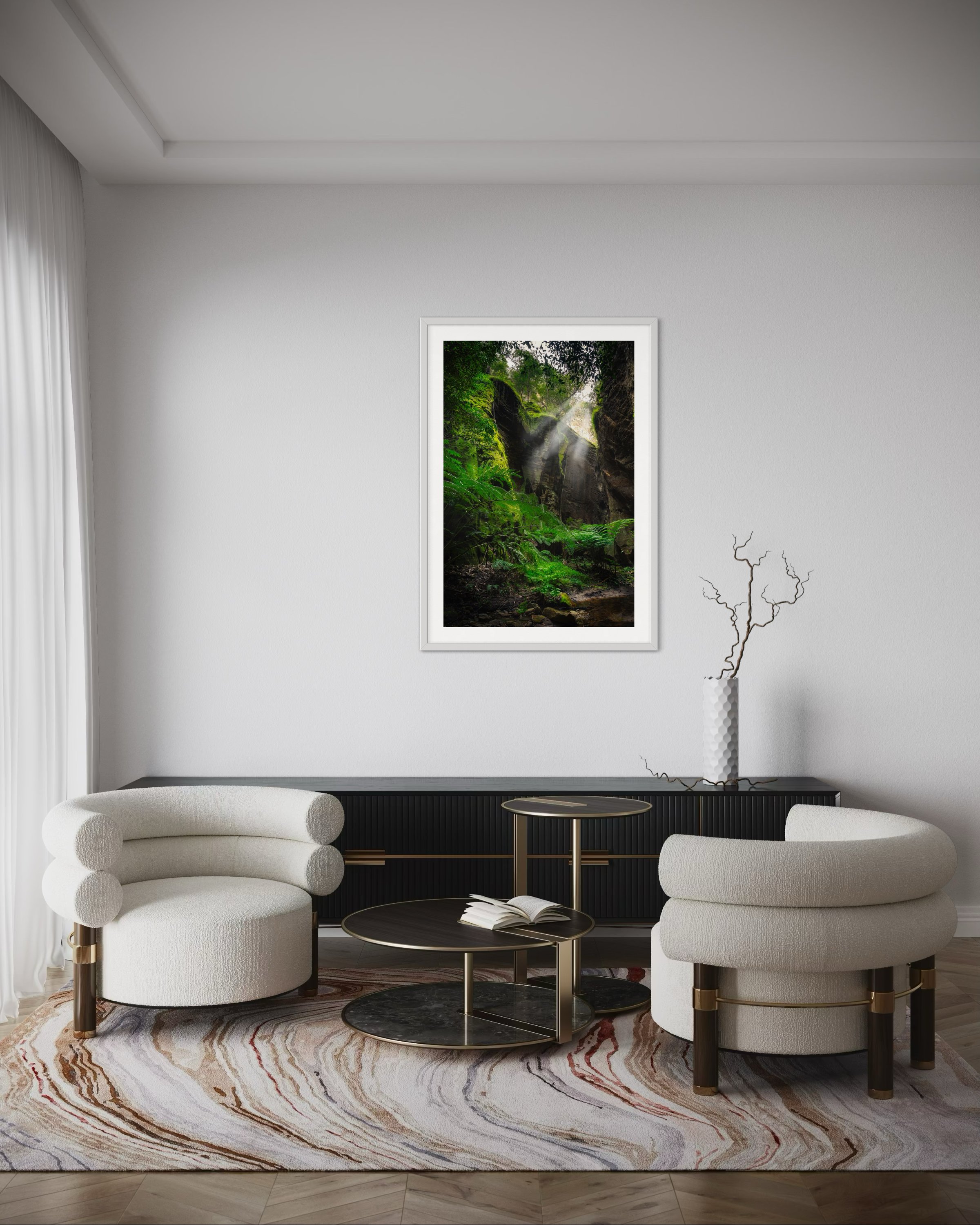 An extra large portrait print in a frame in a lounge room for scale.