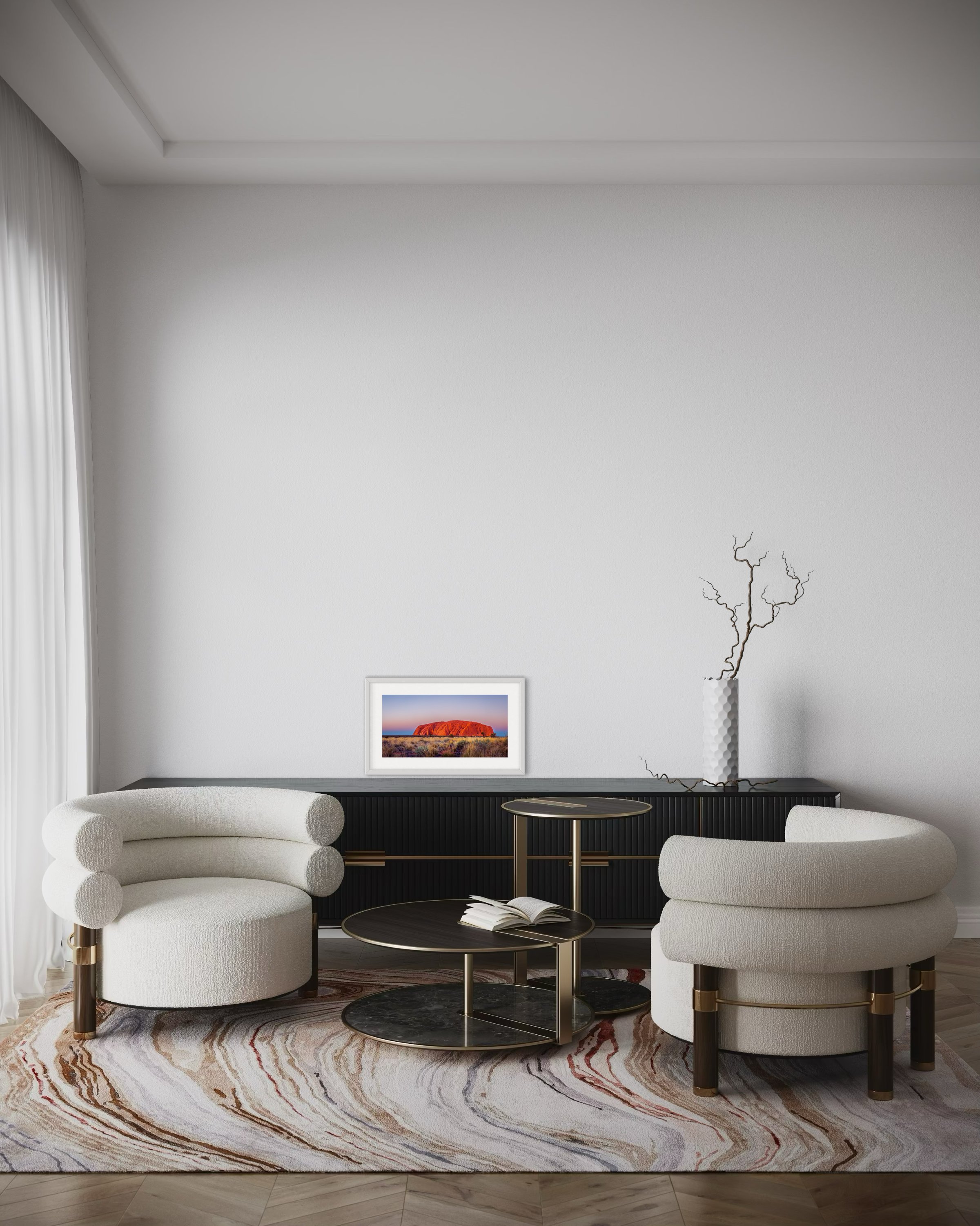 An extra small panoramic print in a frame in a lounge room for scale.