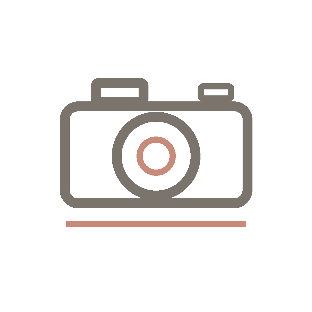 Stylized camera icon with a black background, pink lens, and beige outline.