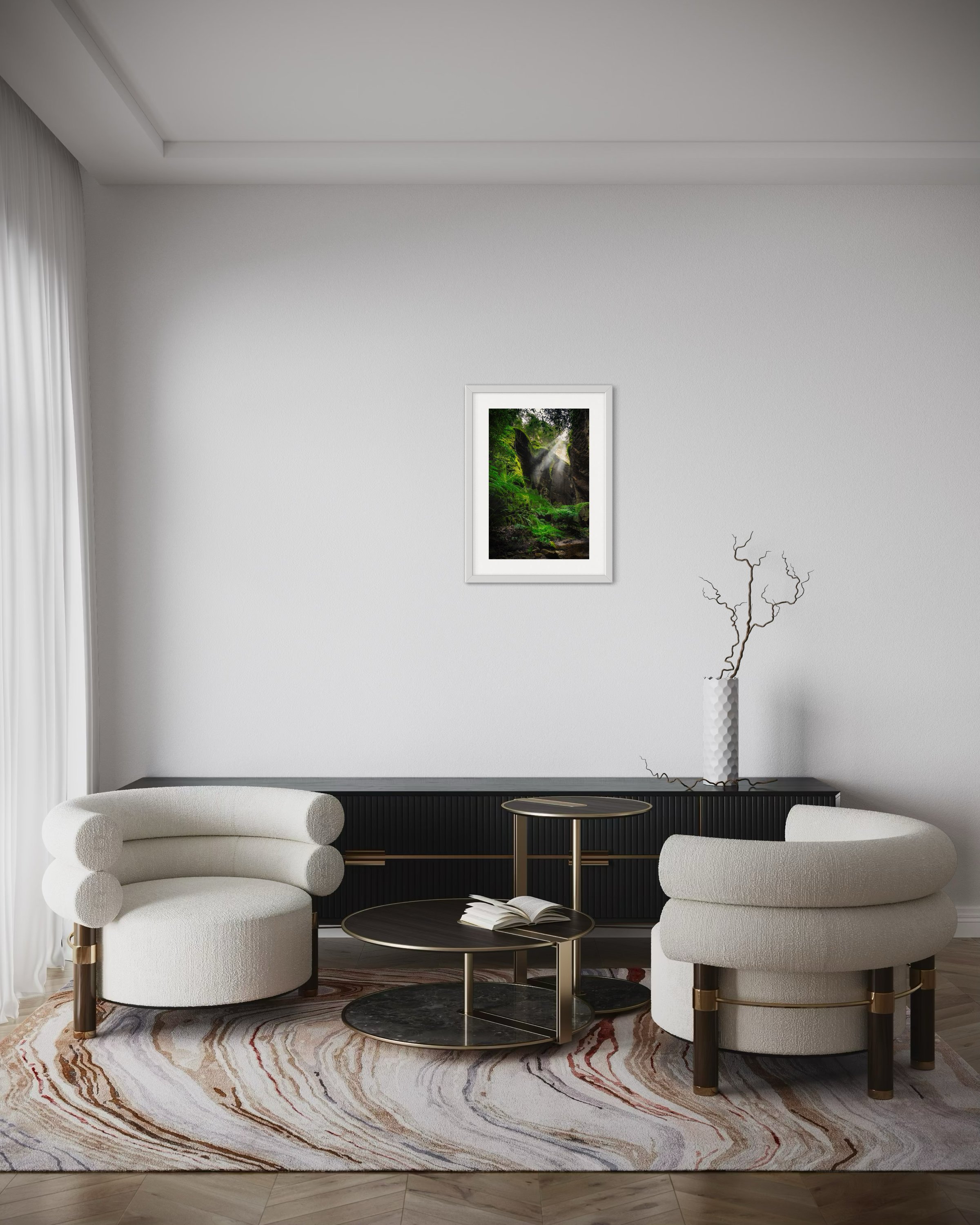 A medium portrait print in a frame in a lounge room for scale.