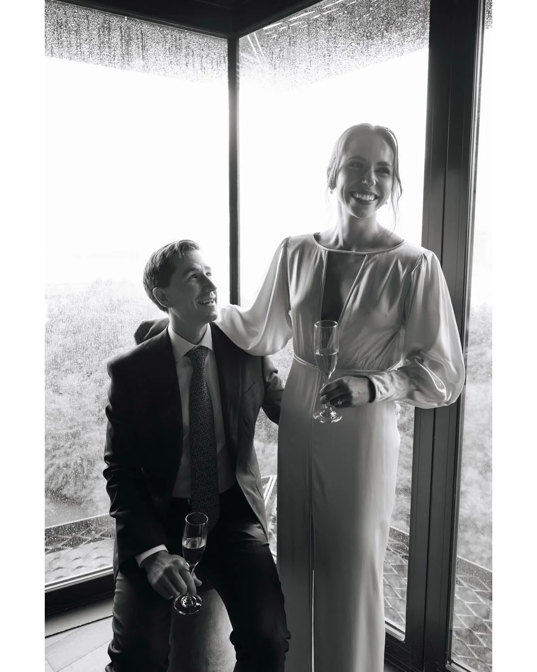 🍾When it does downpour on your wedding day, run back to your hotel room for a glass of Prosecco - and then laugh your way to the venue, jumping over puddles and laughing through the fog. Paige &amp; Reed at Celestine on a day that felt much like thi