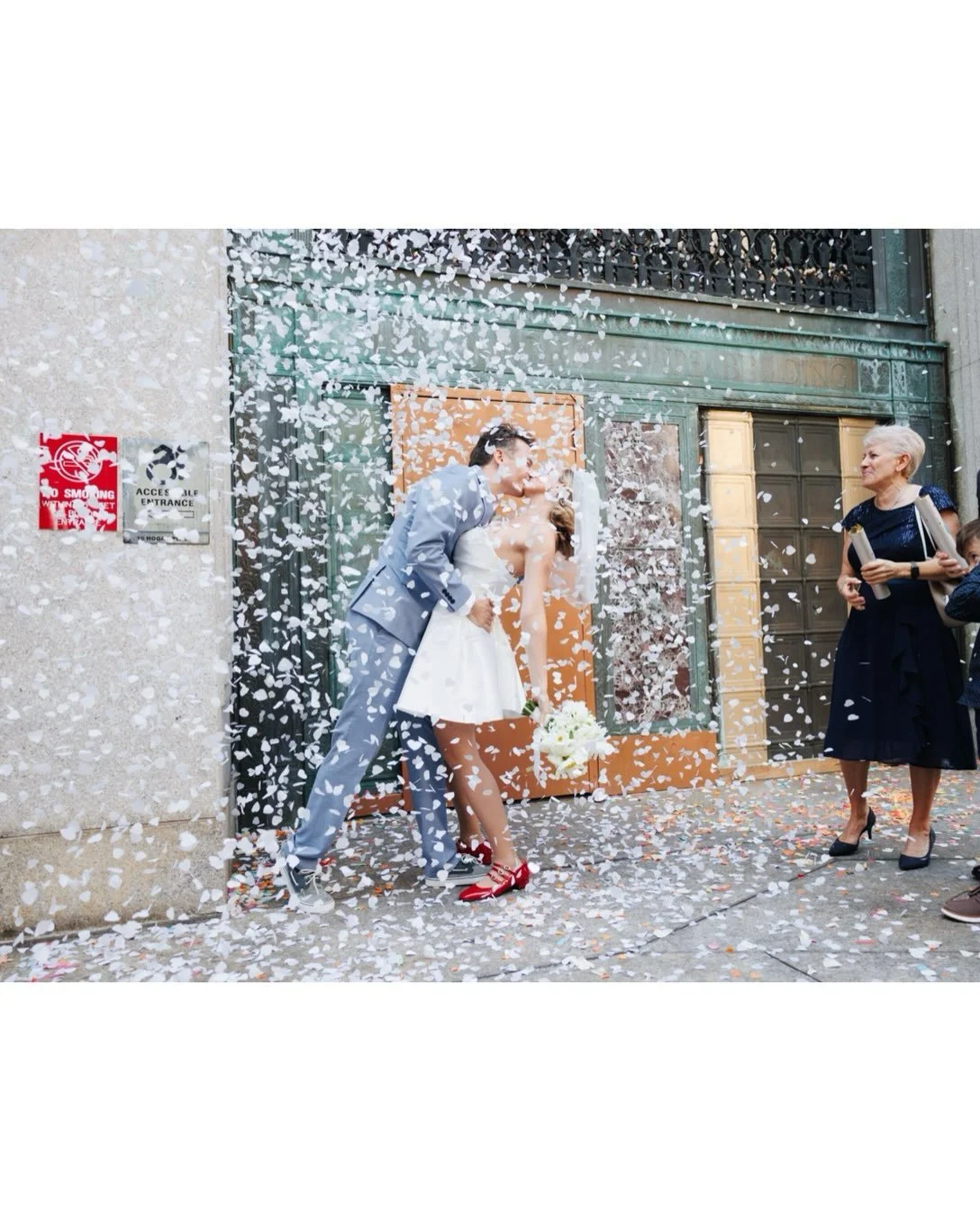 SHOWERED IN LOVE - R &amp; P at City Hall on Tuesday, surrounded by family and friends and thousands of biodegradable hearts floating in the air🤍🤍🤍

HMU @sonia_hairstyles_79 
💐 @nycflowerpop