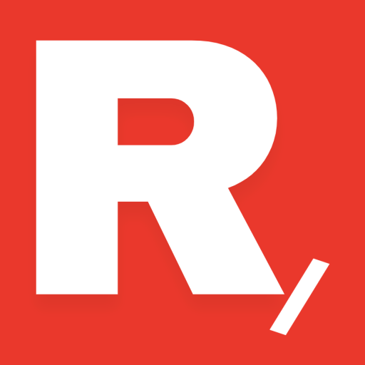 Bold white letter R and a forward slash on a red background.