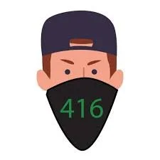 Illustration of a person wearing a black face mask with green number 416 and a dark baseball cap.