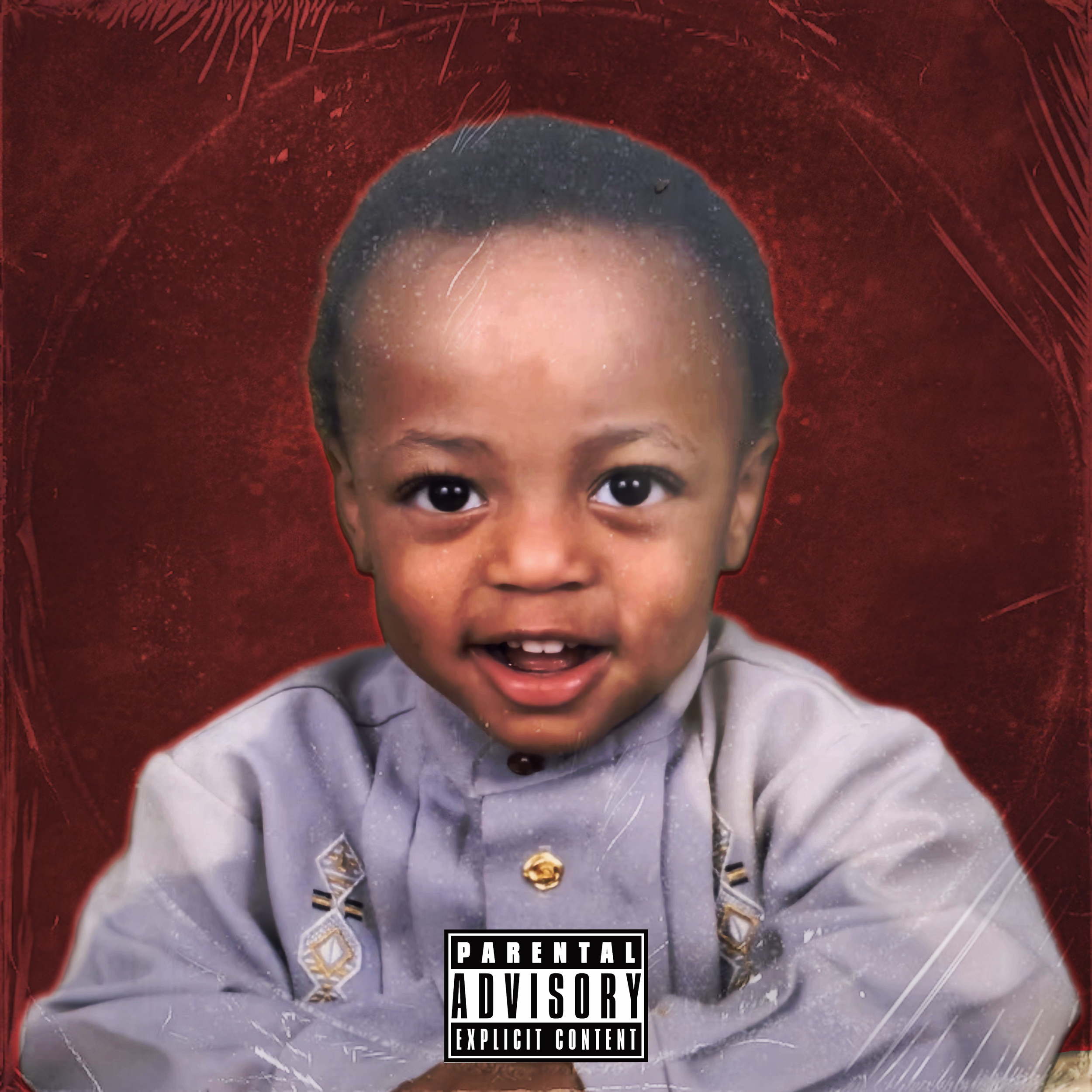A young child with a happy expression, wearing a traditional embroidered gray shirt, against a red textured background with digital effects.