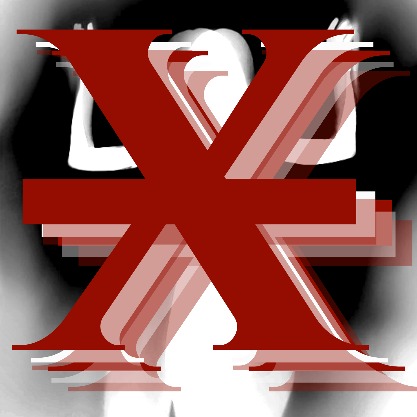 A digitally manipulated black and white photo of a woman’s midsection with bold red and white graphic elements overlaying her body.