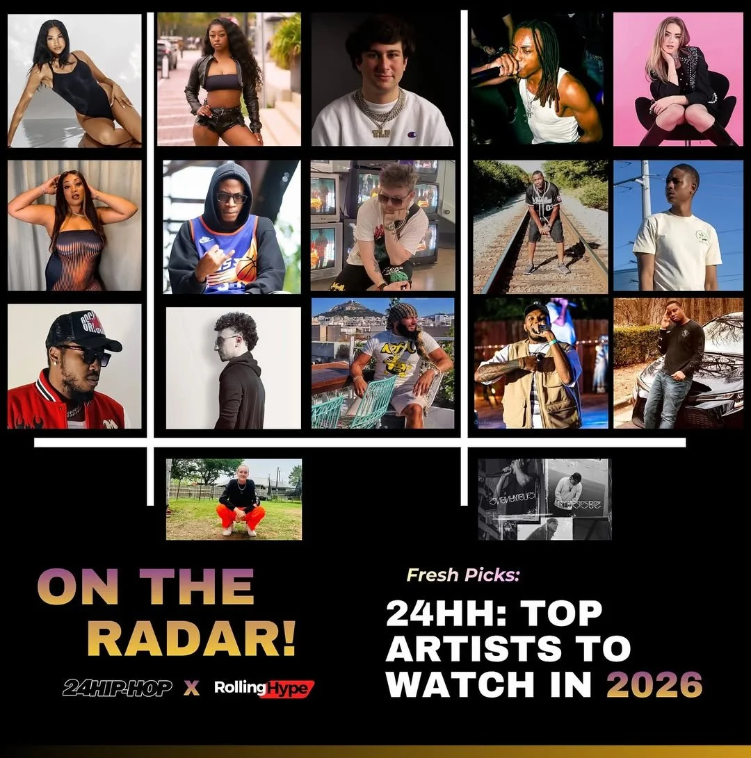 Collage of diverse young artists and musicians, with a promotional overlay for 24H Hip Hop and Rolling Hype, highlighting top artists to watch in 2026.