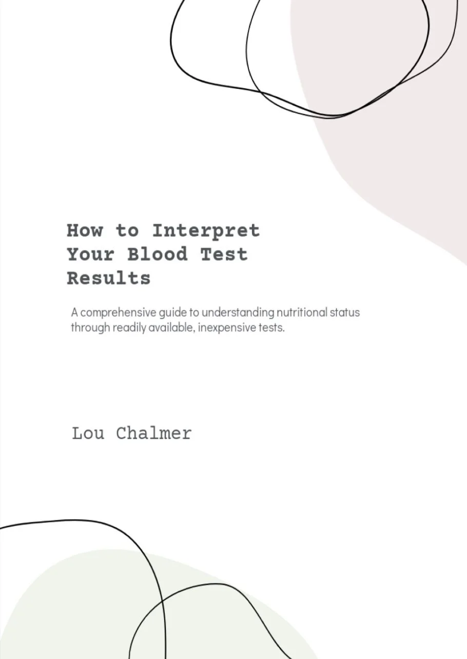 Book cover titled 'How to Interpret Your Blood Test Results' by Lou Chalmer, with minimalist abstract line drawings in black and light gray.