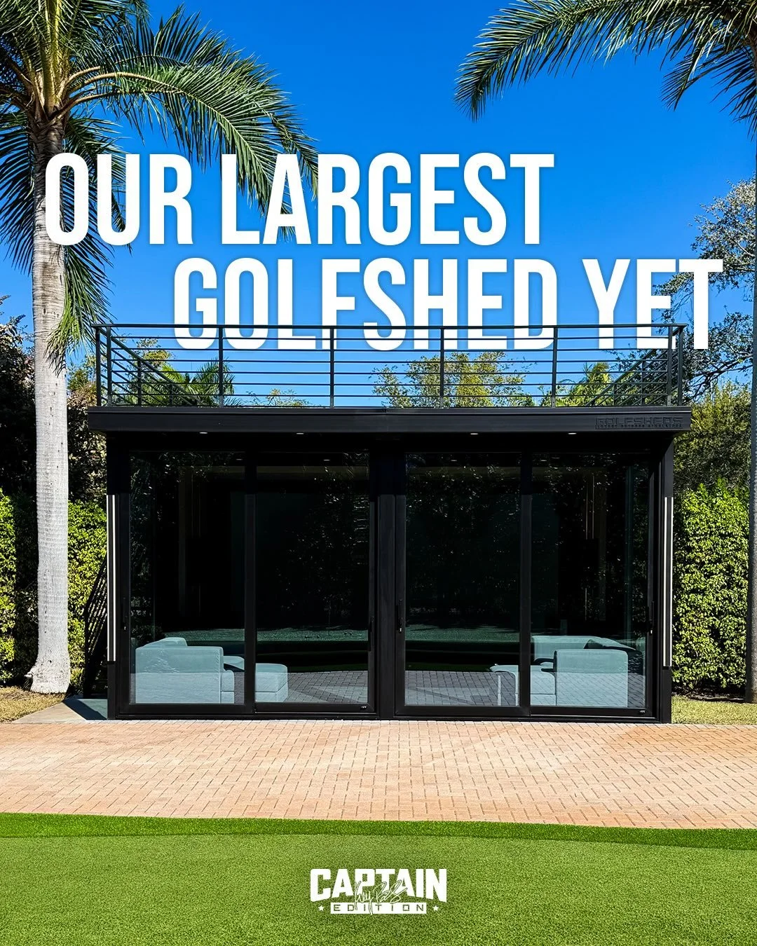 Golfsheds x @keeganbradley1 present: The Captain Edition. 

500 sq ft. of interior space, 21&rsquo; panoramic screen, rooftop deck, and premium furnishings all fully enclosed in a steel-and-glass structure for year-round play. The Captain takes backy