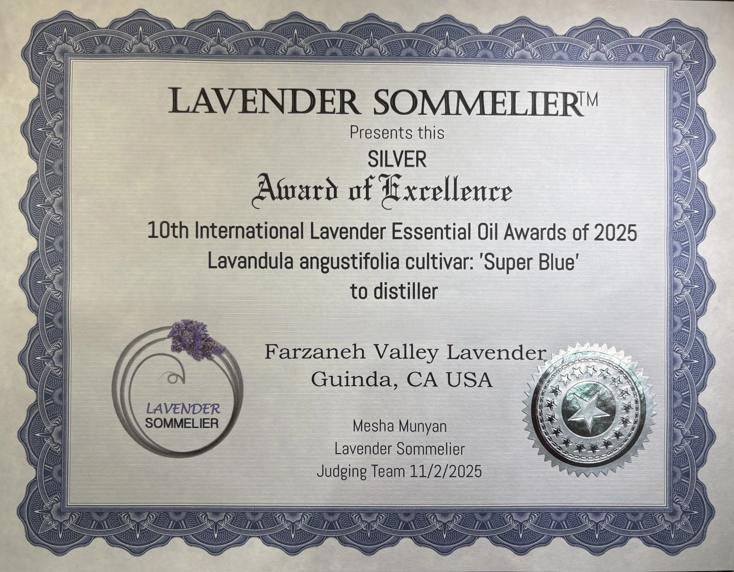 Farzaneh Valley Lavender received Gold Award of Excellence for Essential Oil
