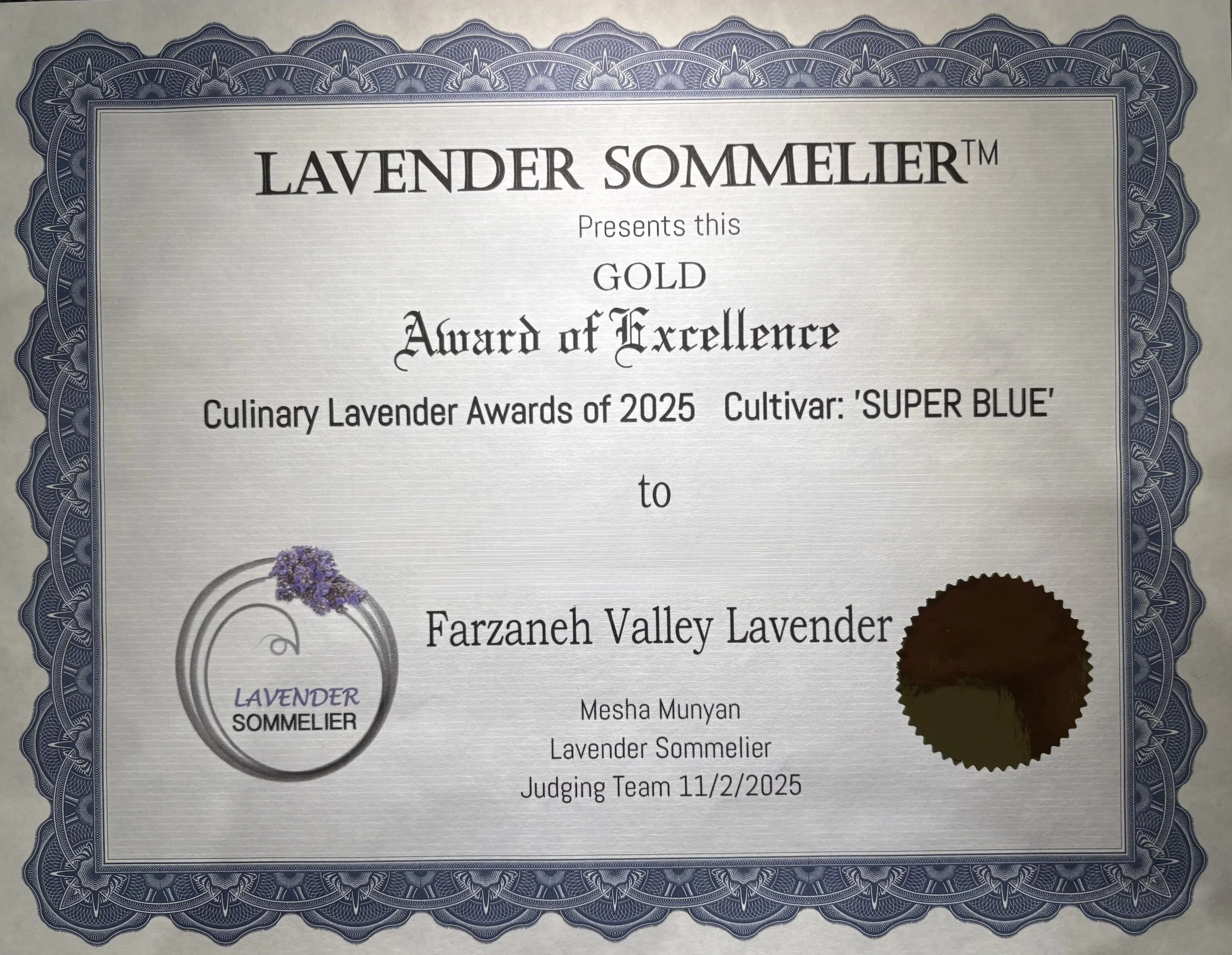 Gold Award of Excellence 2025 Farzaneh Valley Lavender.jpeg
