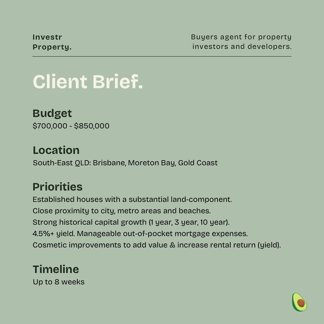 (Not so) new client brief. 🥑

South-east QLD investment property.

#buyersagent