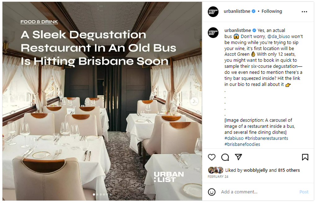 Instagram post from Urban List on the Da Biuso launch.
