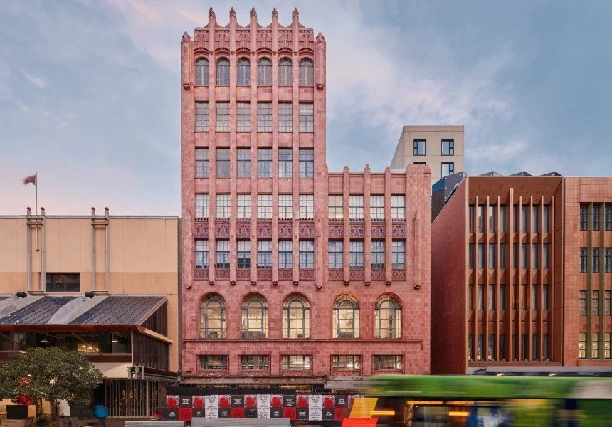 The brick exterior of the new MECCA building.