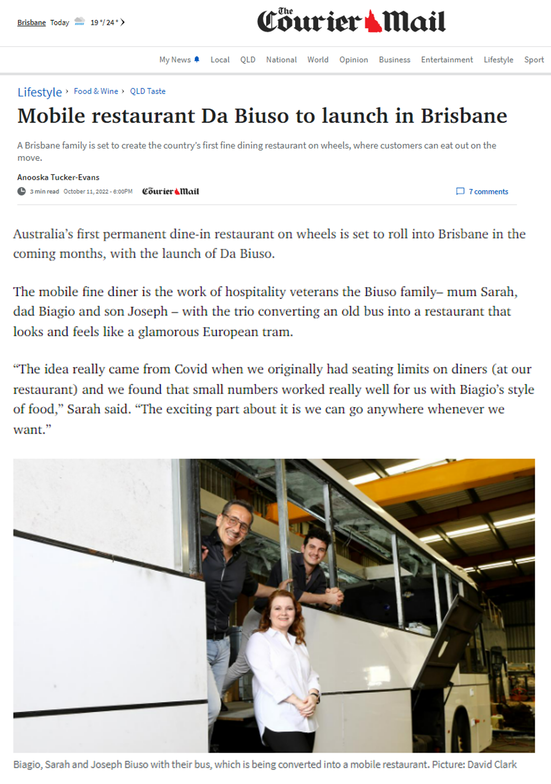 The Courier Mail digital article on the Da Biuso pre-launch.