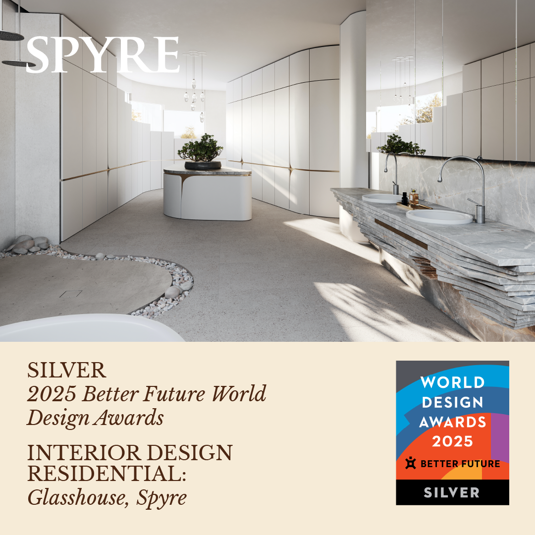 A tile of Spyre's award for Silver - Interior Design Residential  - Glasshouse – 2025 Better Future World Design Awards