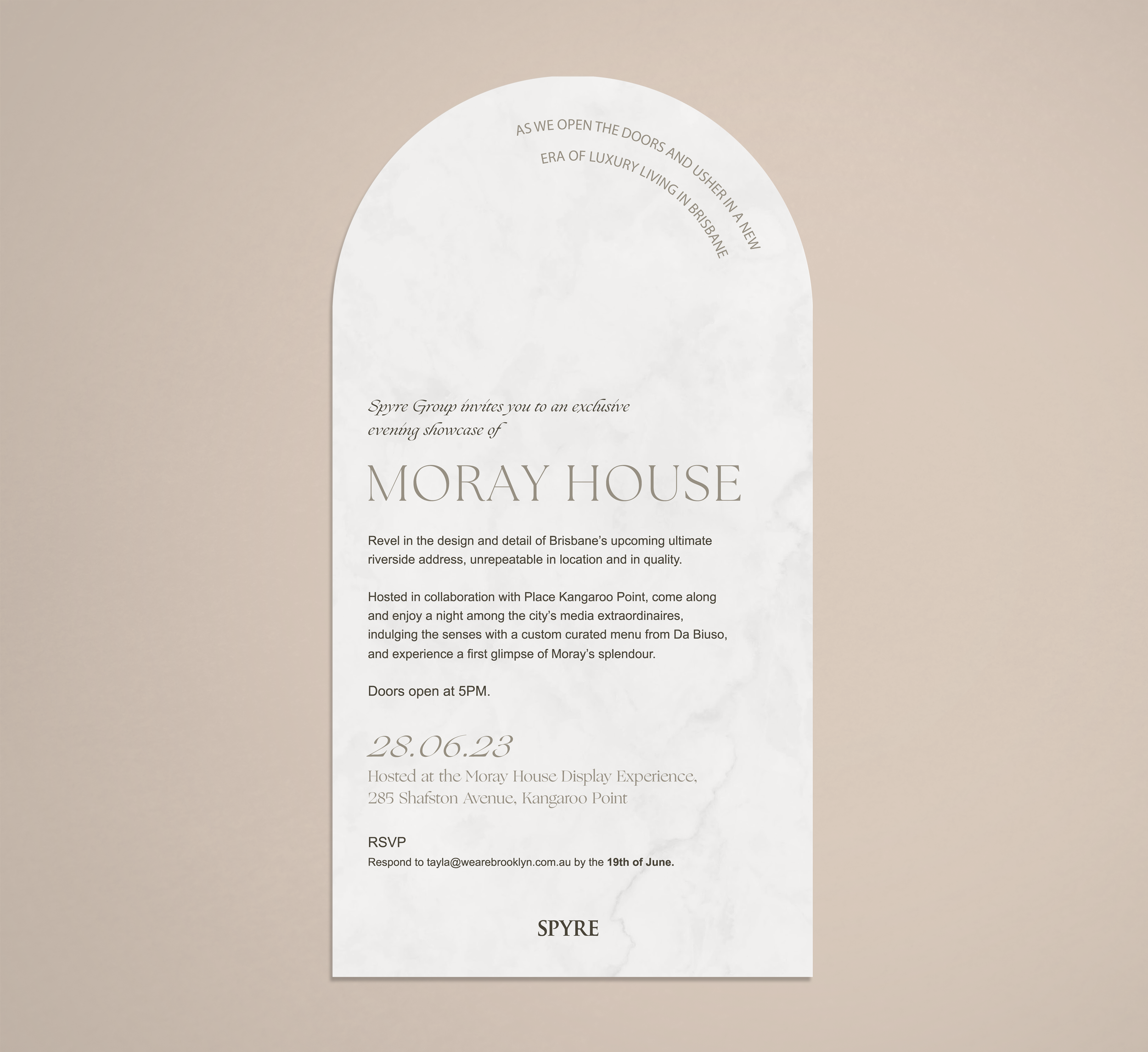 Spyre's Moray House event invite mockup.