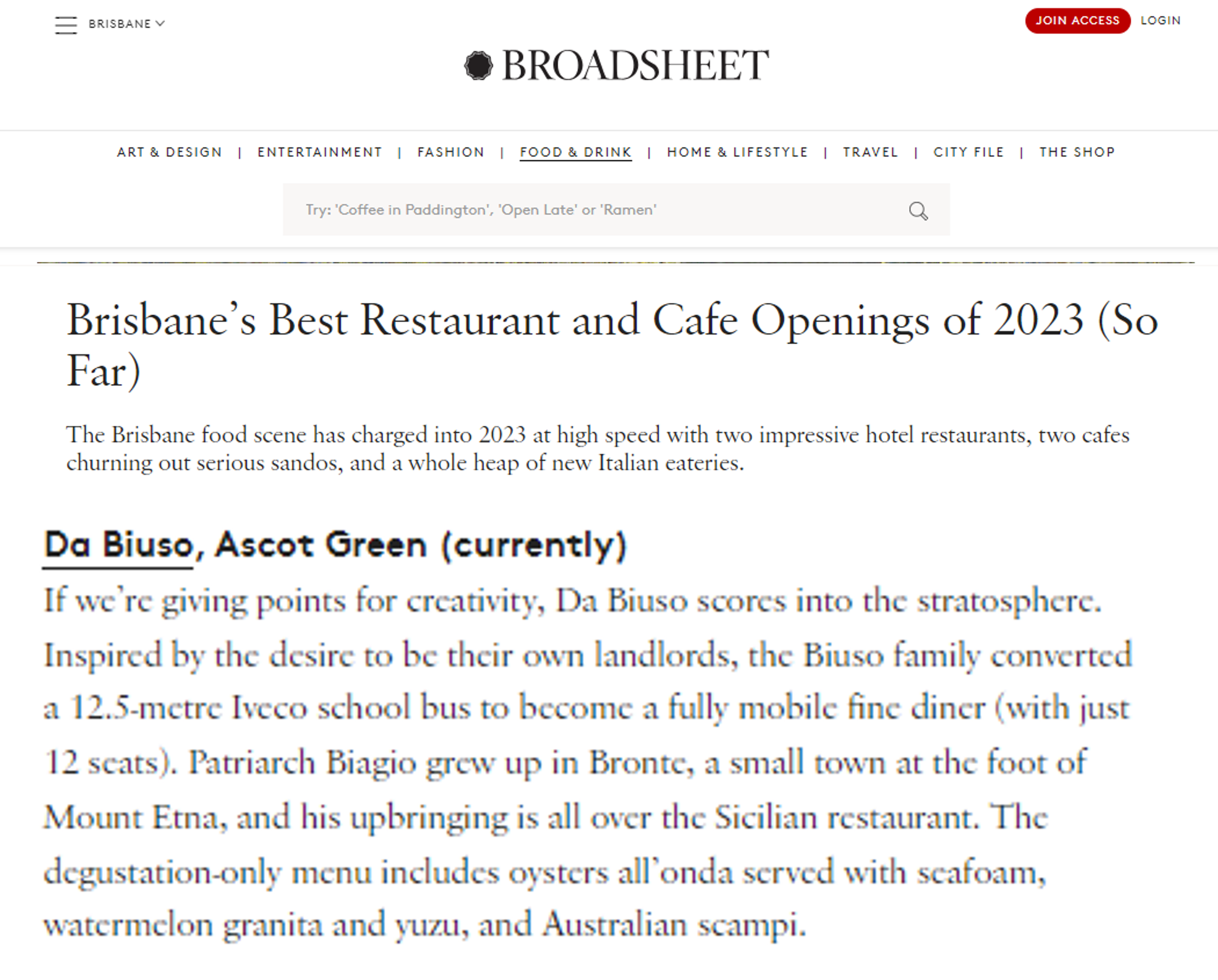 Broadsheet article on Da Biuso.