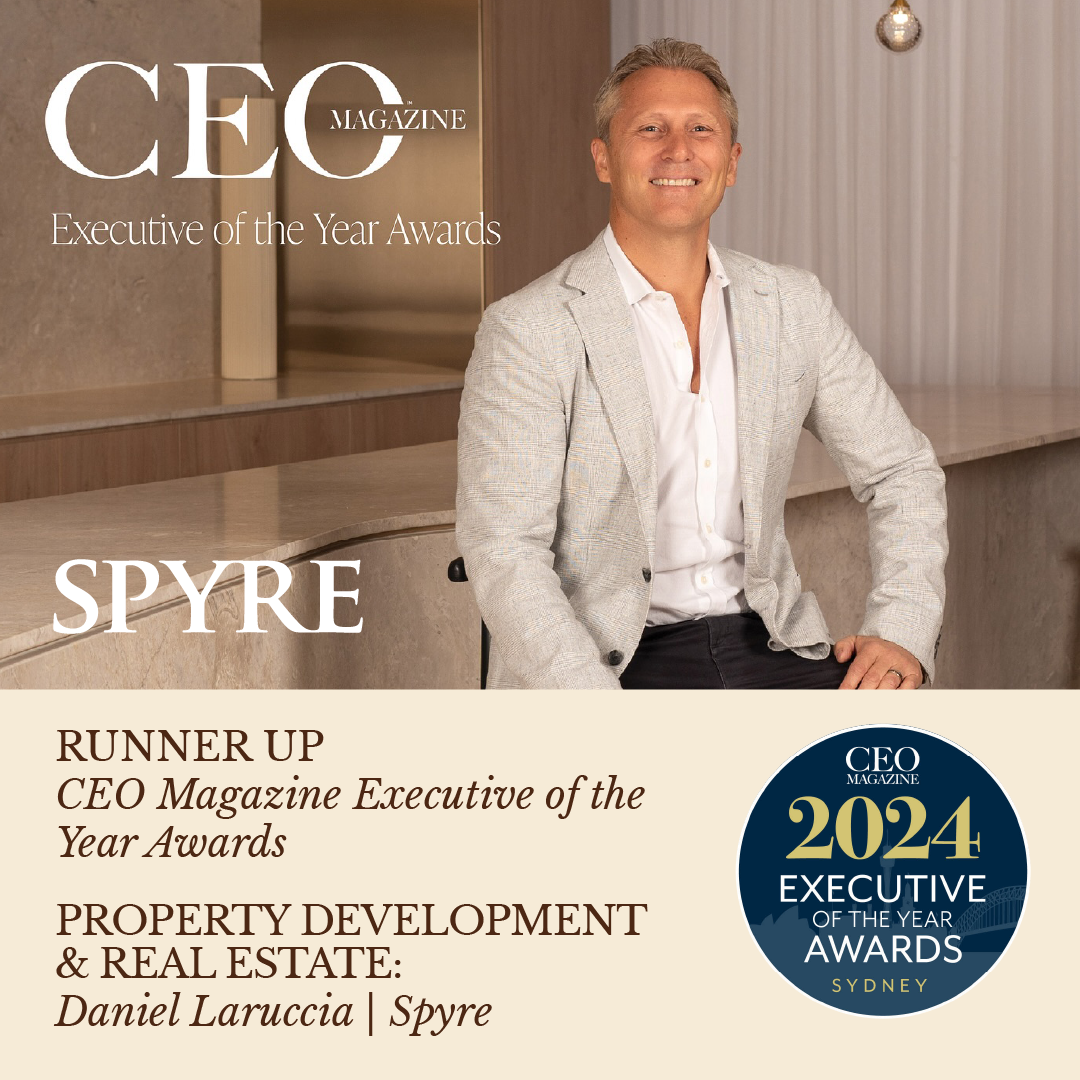 A tile of Spyre's award for Runner Up - Daniel Laruccia, Spyre - Property Development & Real Estate - 2024 CEO Magazine Executive of the Year Awards