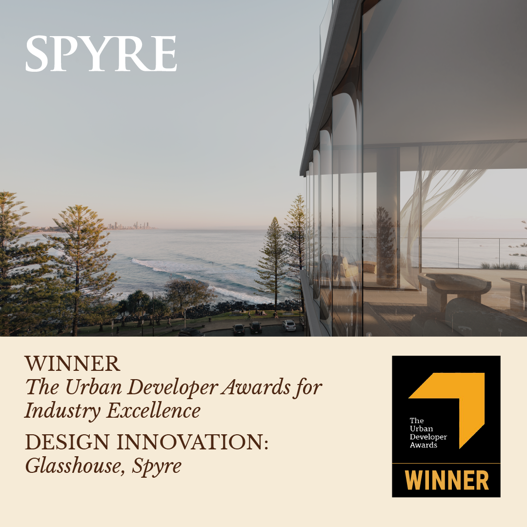 A tile of Spyre's award for Winner - Design Innovation - Glasshouse - 2025 Urban Developer Awards for Industry Excellence