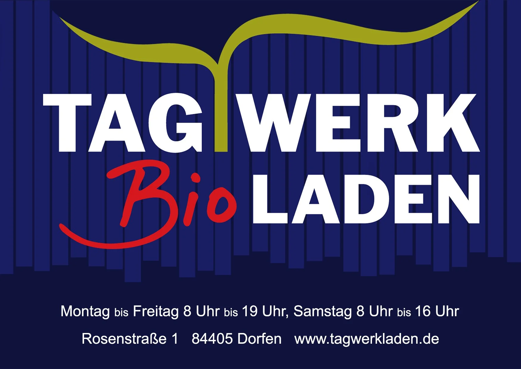 Logo von "Tagwerk Laden Dorfen", Weiß-rote Schrift auf blauem Hintergrund, mit einer grünen Pflanze