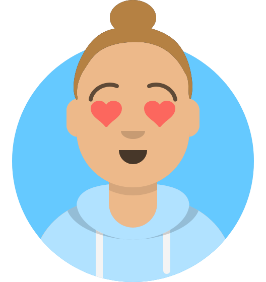 Cartoon of a smiling person with heart-shaped eyes, wearing a light blue hoodie, with brown hair in a bun, against a blue background.