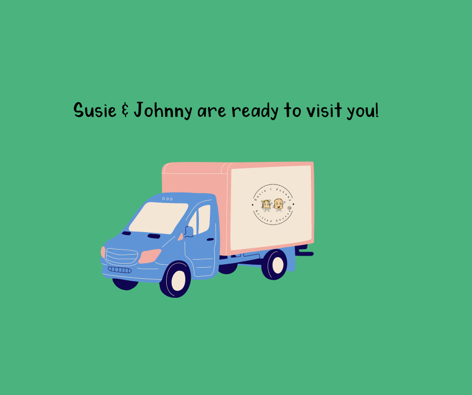 A blue delivery truck with a pink cargo area on a green background, with text that reads 'Susie & Johnny are ready to visit you!'