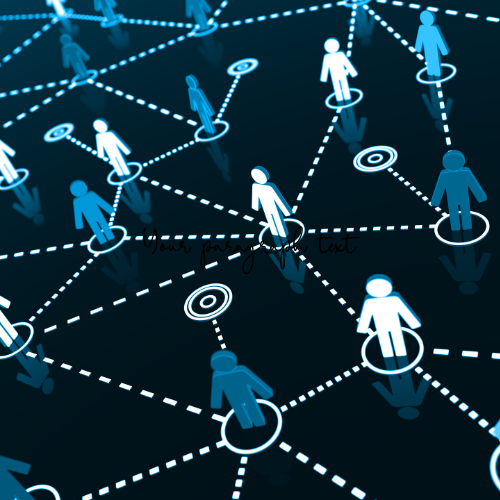 Digital network visualization with interconnected white and blue human icons connected by dotted lines, representing a connected digital or social network.