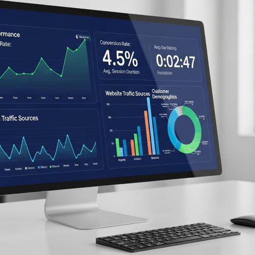 Computer monitor displaying analytics dashboard with graphs, charts, and metrics related to website traffic and conversion rates.