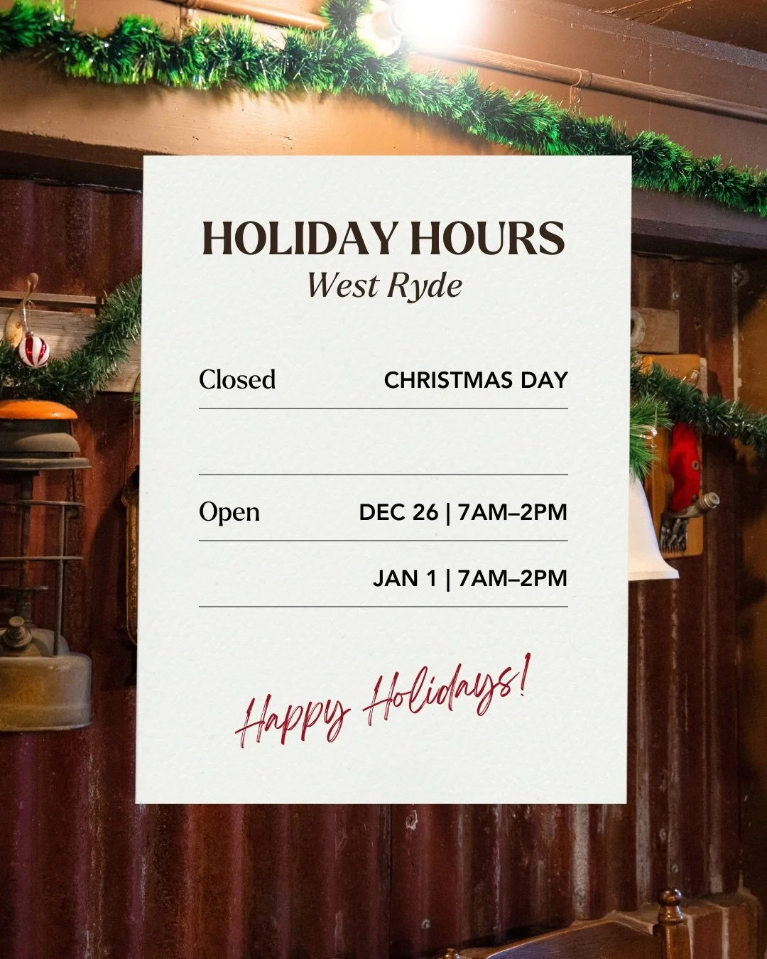 ✨ Once Upon a Time Cafe Holiday Hours ✨

* West Ryde
🎄 Christmas &ndash; Closed
🗓 Dec 26 &amp; Jan 1 &ndash; 7am to 2pm
⚠ Jan 12&ndash;18 &ndash; Closed

* Normangurst
🎄 Dec 24 &ndash; Jan 4 &ndash; Closed

Plan your visit and enjoy your coffee an