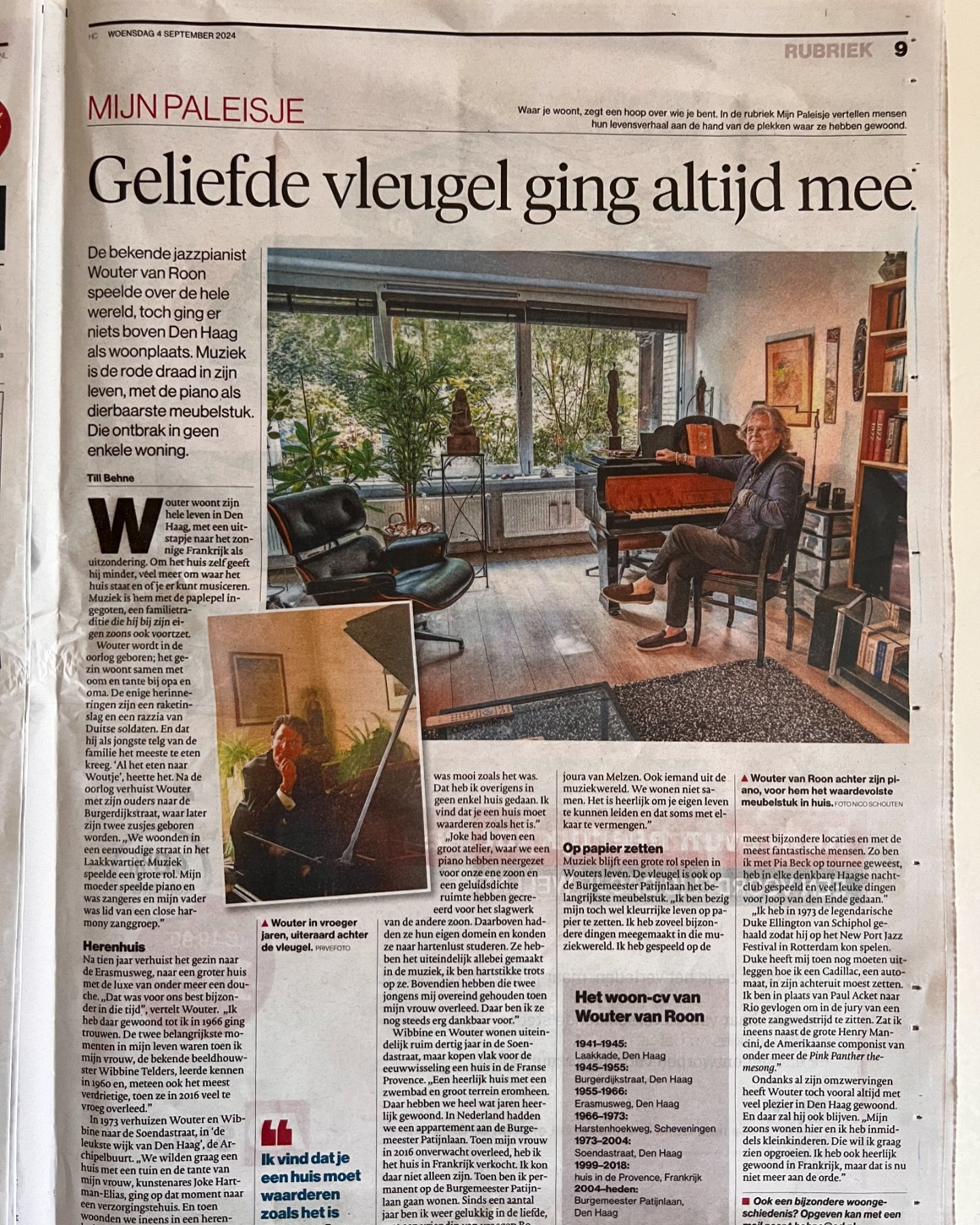 Touching portrait of my father Wouter in the Dutch AD newspaper of today in which he recalls the homes and places he lived so far. He shares memories of his early childhood during World War II in The Hague, his meeting Duke Ellington and Henri Mancin