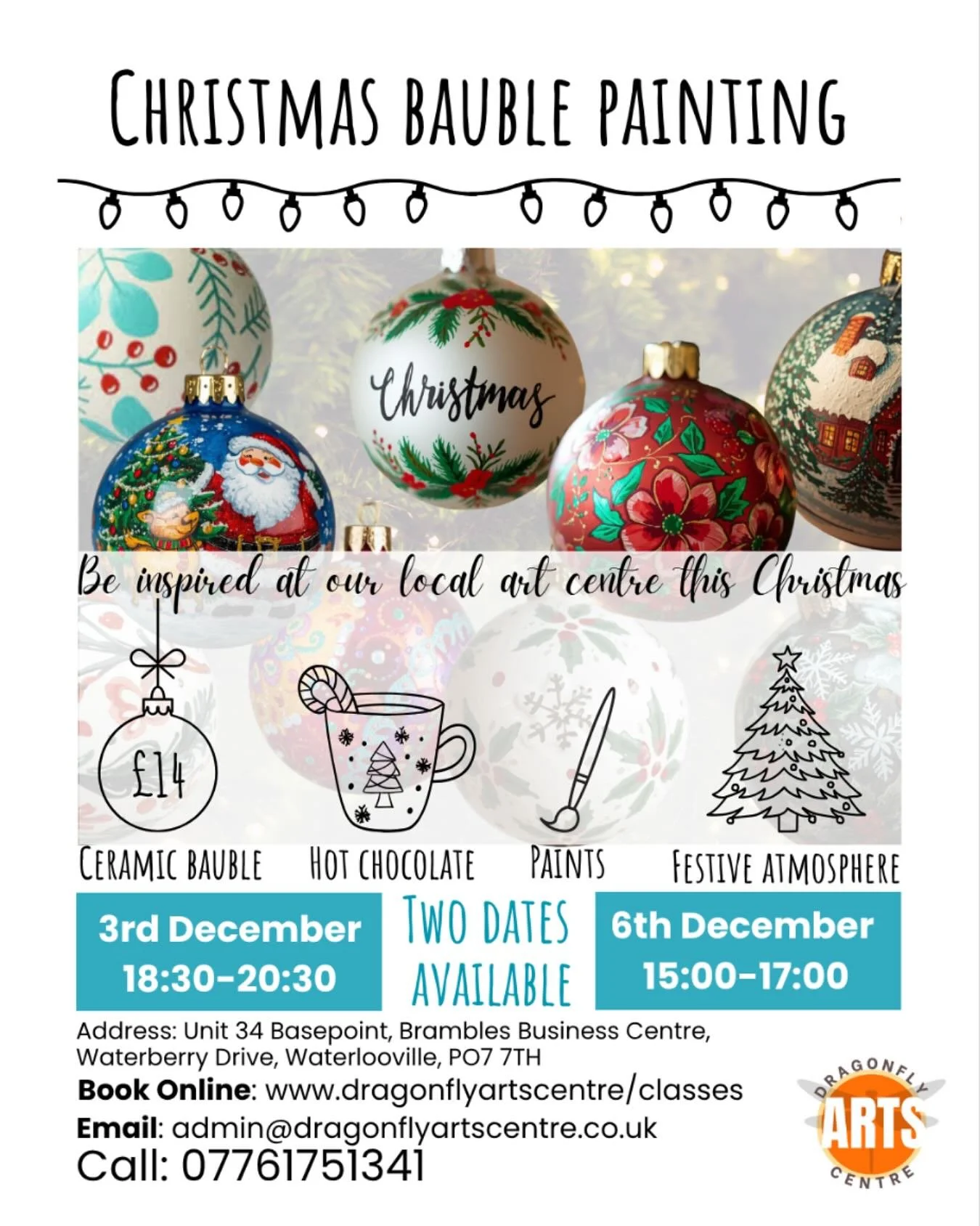 Christmas Bauble Painting Workshop. Leading up to Christmas, we have 2 dates in the diary. This is a lovely opportunity to sit, relax and enjoy a bit of festive cheer. You will have one ceramic bauble included in the price with the opportunity to pur
