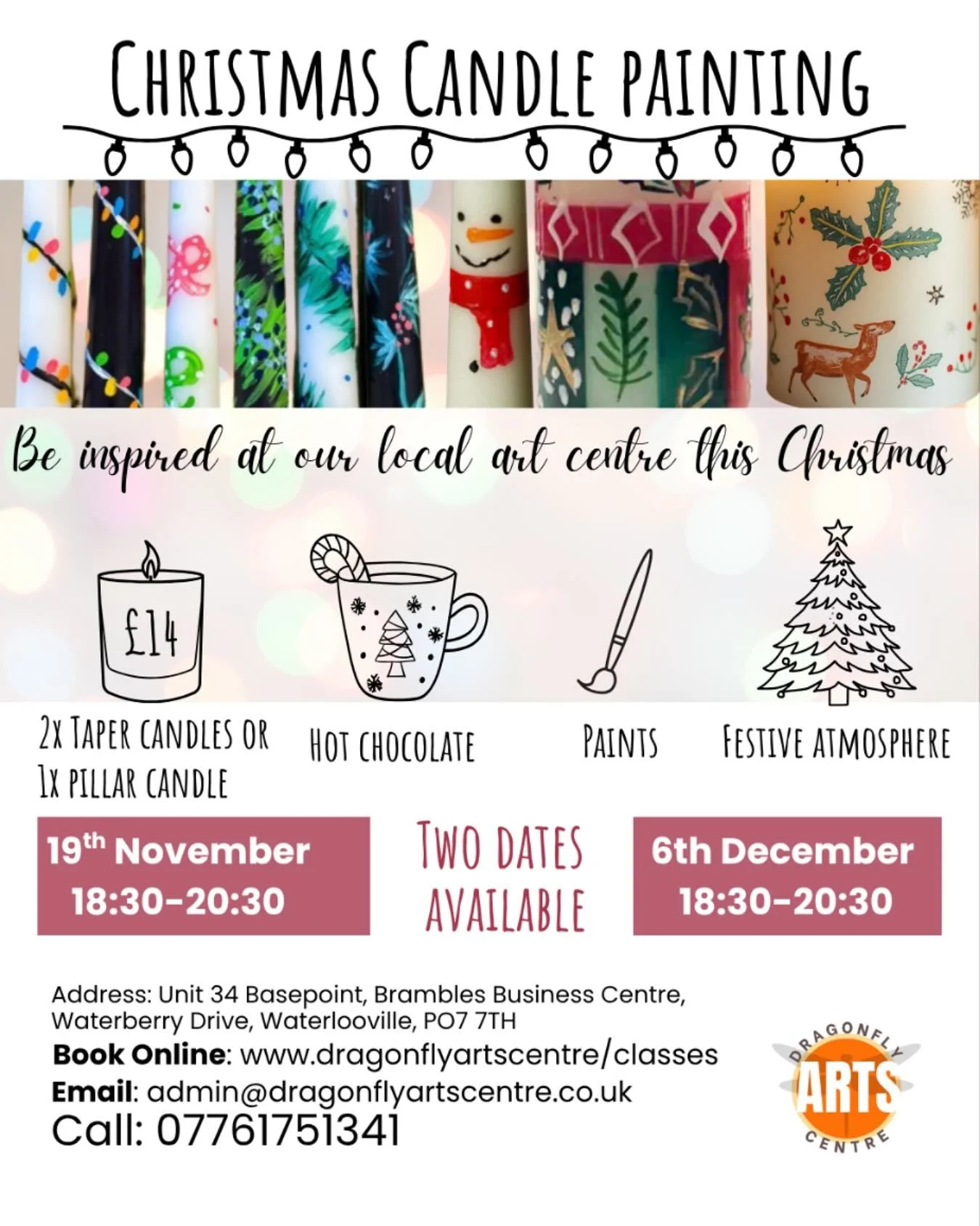 Christmas Candle Workshop. Leading up to Christmas, we have 2 dates in the diary. This is a lovely opportunity to sit, relax and enjoy a bit of festive cheer. You can choose between paining 2x taper candles or 1x pillar candle. 

Prices are low to ke