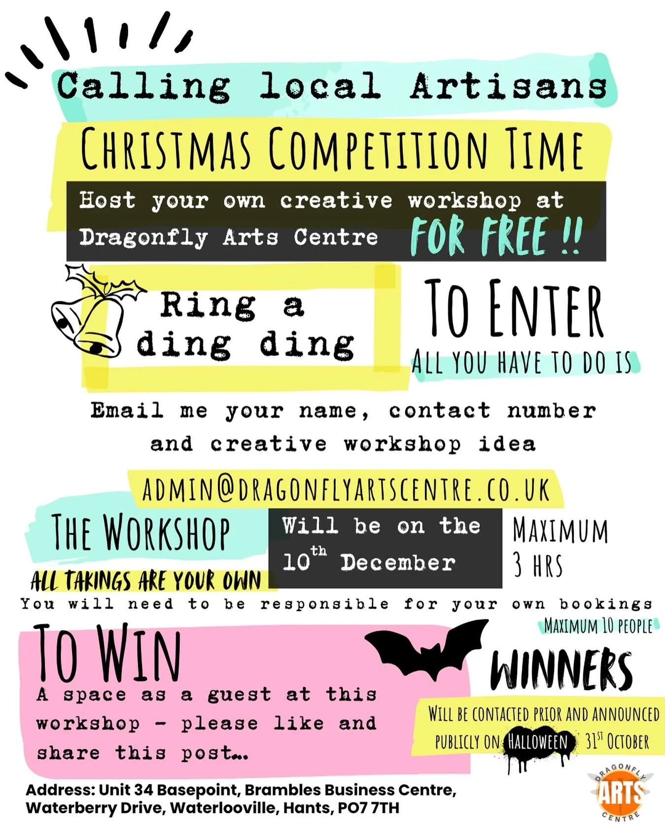 Really Excited to introduce our 

2025 Christmas competition 

at Dragonfly Arts Centre

Please like and share for the opportunity to have a space in the winners workshop. 
I&rsquo;m looking forward to receiving emails with workshop ideas over the co