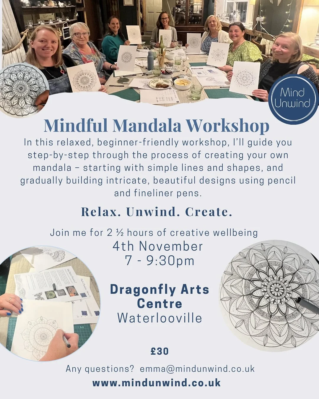 I&rsquo;m so excited to welcome Emma from @mindunwind_emma next month. Her beautiful mindful mandala techniques brings us a place of peaceful solitude. With the run up to a very busy season, this workshop will reset your mind and bring you into an in