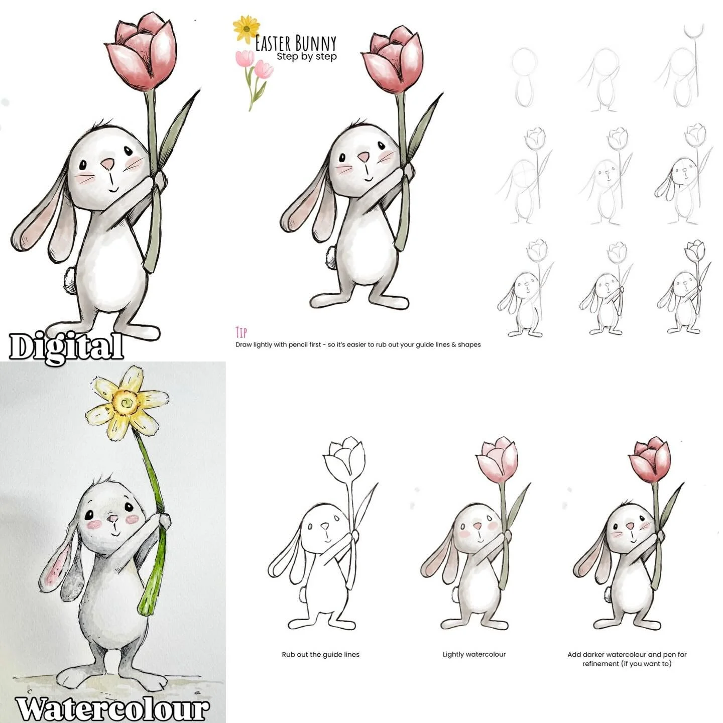 Follow my step by step Easter bunny, I created the step by step on procreate and followed the same guide using pencil, watercolour and a fine liner 🌷🐰