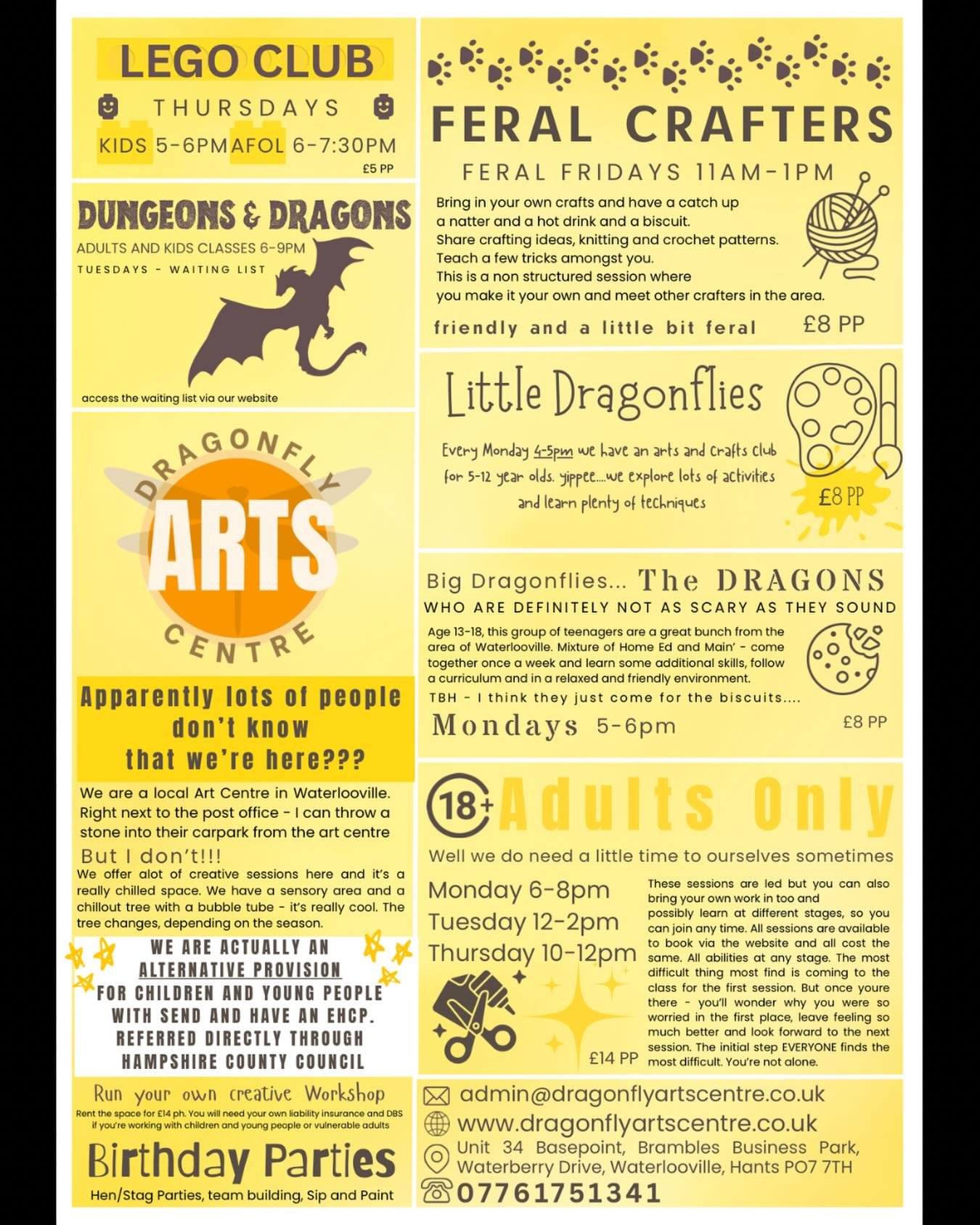 What&rsquo;s on at Dragonfly Arts Centre?
𝐁𝐨𝐨𝐤 𝐎𝐧𝐥𝐢𝐧𝐞
www.dragonflyartscentre.co.uk

#artclasseswaterlooville #alternativeprovision #artcentre #creativeworkshops #artsandcrafts