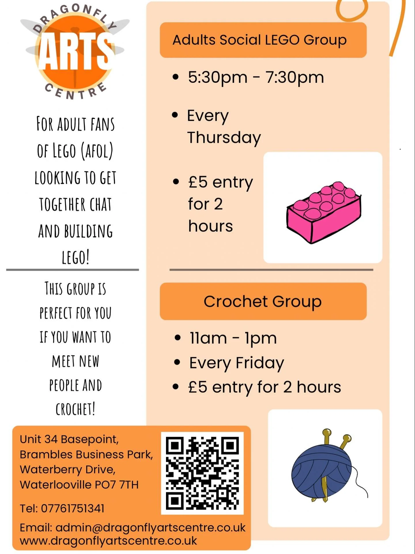 Lego Group for Adults -17:30 - 19:30 every Thursday &pound;5

https://dragonflyartsclasses.as.me/LegoAFOL

Crochet and Craft - 11 - 13:00 every Friday &pound;5

https://crochetandcraft.as.me/

These groups are for building friendships and sharing ide
