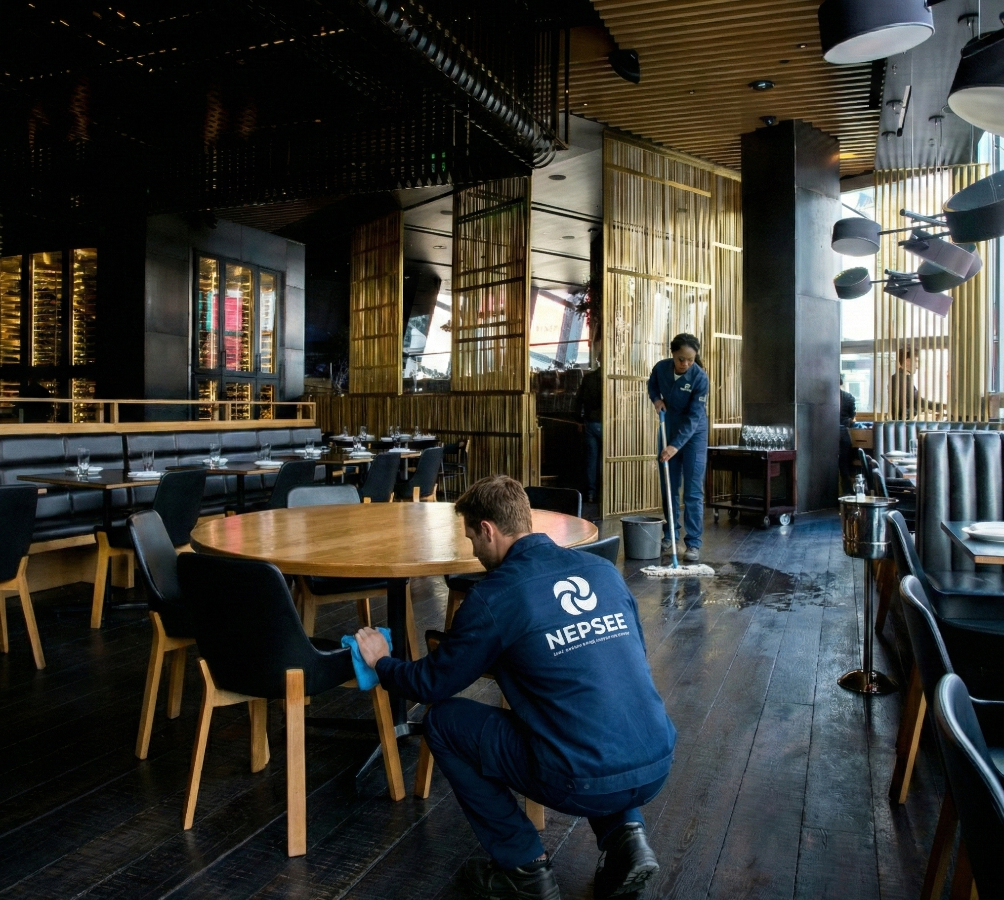 Deux employés nettoient et désinfectent l'intérieur d'un restaurant, un avec un chiffon et l'autre à l'aide d'une serpillière, portant des vestes bleues avec le logo 'NEPSEE'.